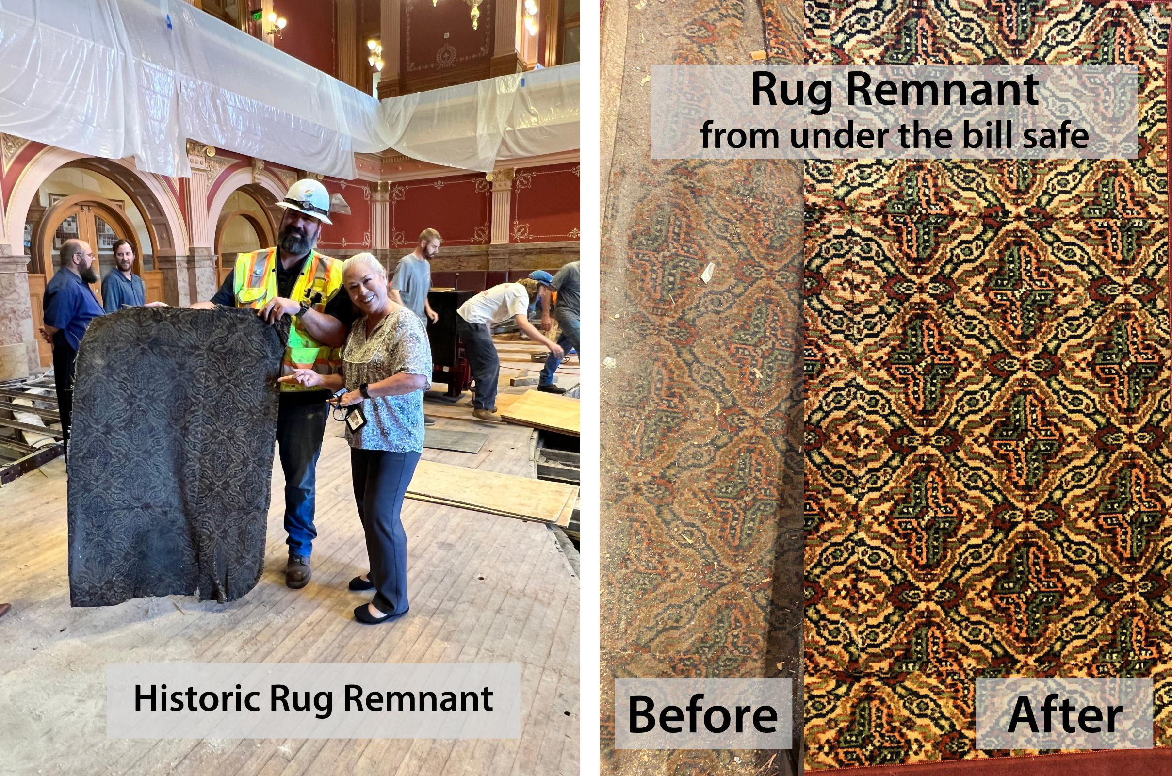 Historic rug remnant from under the bill safe, before and after